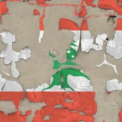 Lebanon flag depicted in paint colors on old obsolete messy concrete wall closeup. Textured banner on rough background